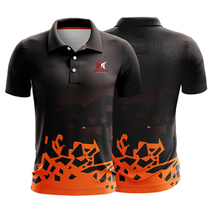 Polo sublimé pour homme, noir et orange, imprimé géométrique, anti-humidité, manches courtes, coupe classique, maillot de cricket sportif pour adulte - Product Image 1