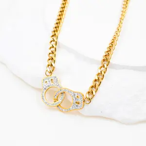Lock Pendant Necklace Rhinestone Handcuffs Necklace Lock Pendant Hip Hop Cuban Chain Gold Plated Stainless Steel Necklace Women