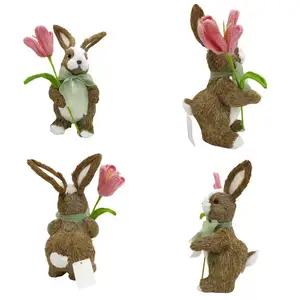 2024 Handmade Spring Blossom Bunny Decoration Adorable Rabbit Figurine With Pink Tulip And Satin Bow