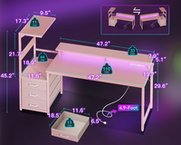 Escritorio Gamer Rosa con Puertos de Carga USB y Luz LED, Escritorio de Computadora Reversible Moderno con Cajones de Tela