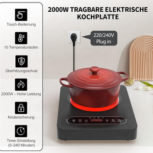 Table de cuisson vitrocéramique encastrable 2000W, brûleur électrique simple avec commande tactile, écran LED, minuterie 4 heures, verrouillage de sécurité, étanche - Product Image 3