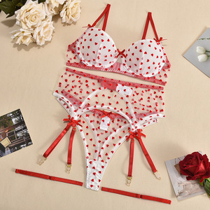 New Trend Women's Sexy Underwear 3D Plush Heart Pattern <b>Perspective</b> Mesh Temptation Bow Sexy Underwear 4-piece Set - Product Image 4