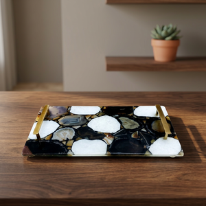 Handmade Black Agate Stone <b>Serving</b> <b>Tray</b> with <b>Gold</b> Metal Handles Rectangular Decorative Kitchen Coffee Table Display Luxury Home - Product Image 1