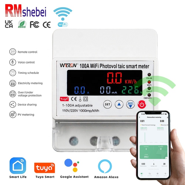 RMshebei Tuya 100A WIFI Smart Energy Meter Timer Power Monitor kWh Circuit Breaker 110V 220V Smart Life Alexa Google Home Alice