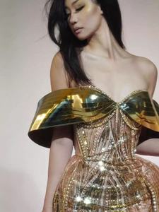 Luxe diamants paillettes voir robe d'anniversaire Sexy hors épaule Performance chanteur Costume clignotant or longue robe de soirée - Product Image 4