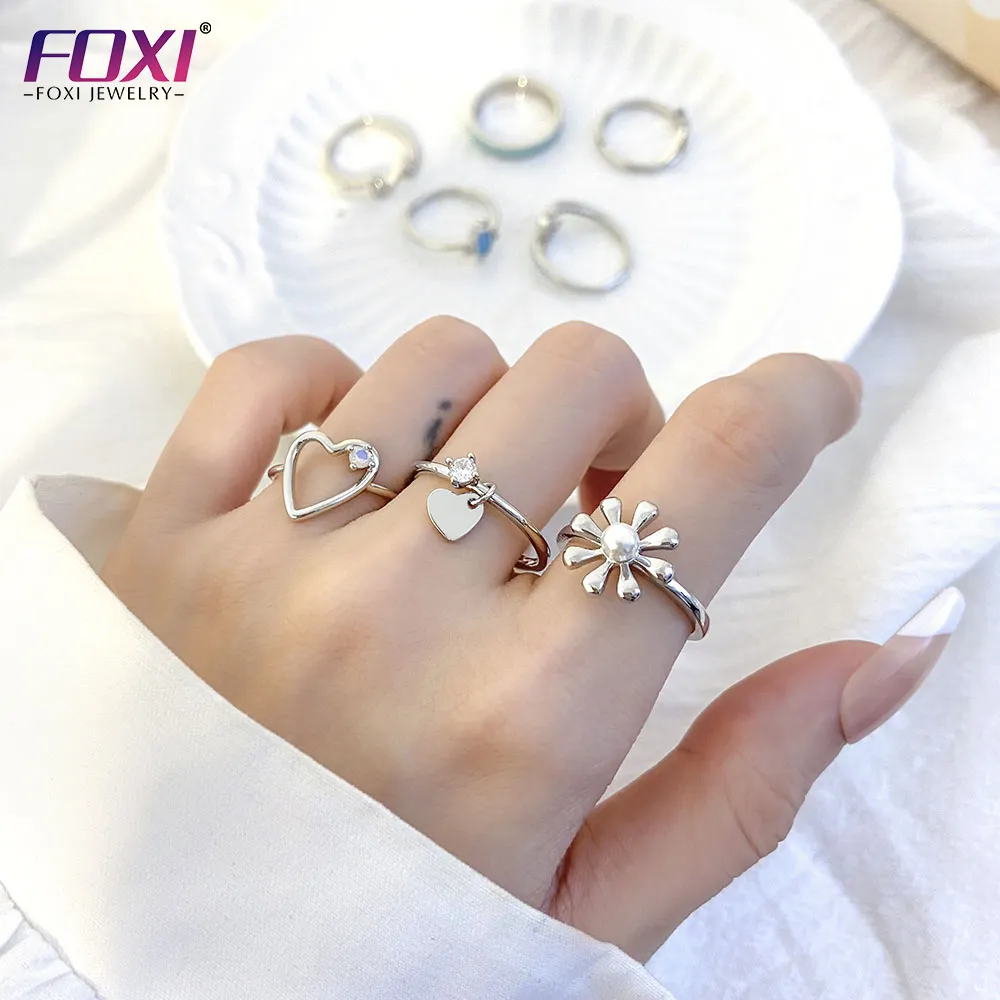 Foxi 925 sterling silver ring no fade waterproof rings cubic zirconia retro flower pearl Ring set for women 925 silver jewelry