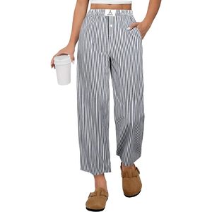 Pantalones Palazzo a Rayas para Mujer FOXA, Cintura Alta, Pierna Ancha, Corte Recortado, con Bolsillos, Transpirables, Casuales, para Descansar - Product Image 1