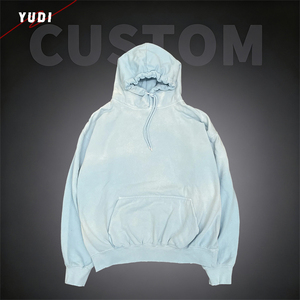 Sweat à capuche pull-over bleu clair premium pour homme, coupe oversize, en molleton bleu délavé, épais, style streetwear, vierge pour logo personnalisé - Product Image 2