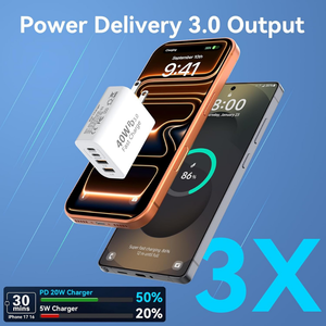 อะแดปเตอร์ชาร์จเร็วแบบพกพาขนาดกะทัดรัด รองรับ PD 20W 2C 2A PD3.0 สำหรับ <span class=keywords><strong>iPhone</strong></span> 16 15 14 Samsung S24, ที่ชาร์จ USB C 40W 4 พอร์ต แบบเสียบผนัง - Product Image 4