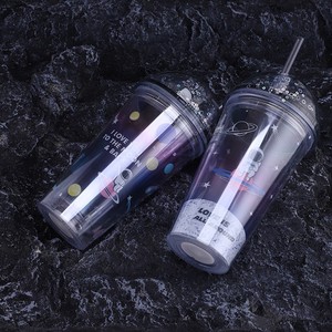 Zhen Ai Plastic Straw Cup Starry Sky Astronaut Design Double Layer Bpa Free For Summer Iced Drinks Travel Gift - Product Image 2