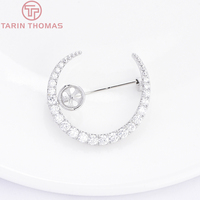 Broche Étoile et Lune en Laiton Plaqué Or 24K avec Micro-Pavé de Zirconiums Clairs et Plateau de Sertissage pour Perles, Accessoires de Bijouterie DIY pour Vêtements, Vente en Gros