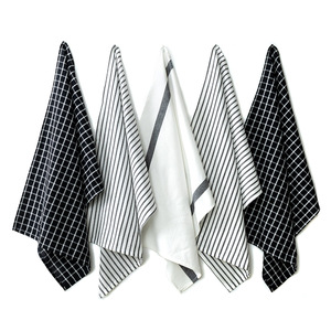 Serviettes de cuisine en coton pur à carreaux noirs et rayures blanches 48x65cm, absorbantes, pour usage domestique - Product Image 1