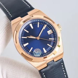 Reloj de Lujo de Primera Categoría para Hombre, Caja de Oro Rosa, Esfera Azul, Correa de Cuero Genuino Negro, Mecánico Automático con Fecha, Luminoso, Nuevo - Product Image 1
