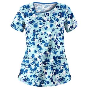 Camiseta de mujer Fitspi con cuello en V, estampada, de manga corta, informal, de verano, con bolsillo, diseño floral, holgada, para mujer. - Product Image 1