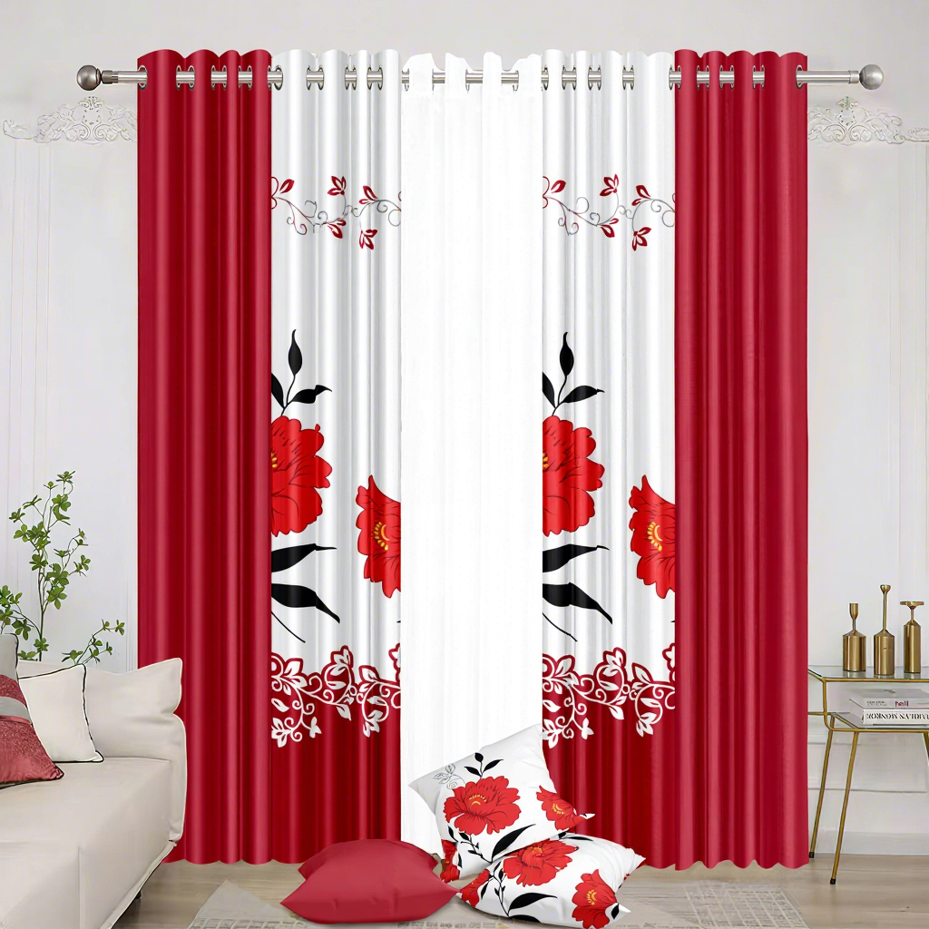 Red Wine Rose Kitchen Curtains Set 3-Piece - Floral Window Valance & Tier Curtains For Cafe Style