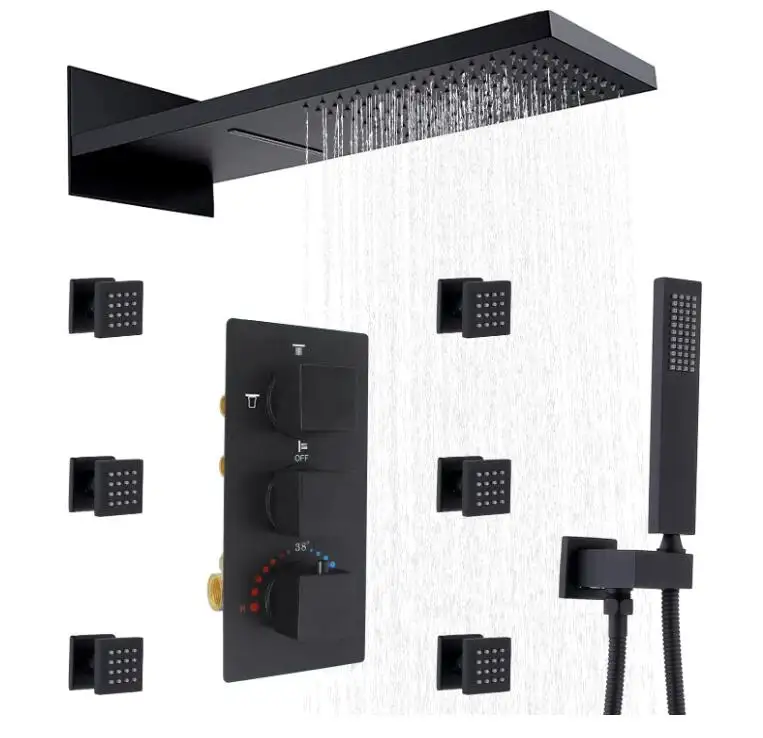 Shower System Waterfall Rainfall Black Body Spray Dual Function Shower Shower head Thermostatic Faucet Complete Set