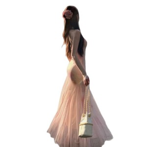 French Style Pink Floral Mesh Sundress Spaghetti Strap Tight Waist Long Dress For Summer Beach Vacation Holiday Celebration - Product Image 5