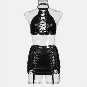 Nuevo conjunto de 2 piezas de lencería sexy con correa de malla de cuero PU negro - Product Image 1