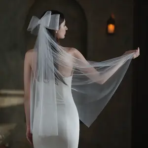 New Arrivals Super Big Bow Lace Wedding Veil Bridal Veil with Clip Bride Hair Accessories