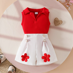 2025 European and <strong>American</strong> Girls Casual Set V-Neck Sleeveless Pit Top with White Applique Shorts Lapel Pants <strong>Style</strong>