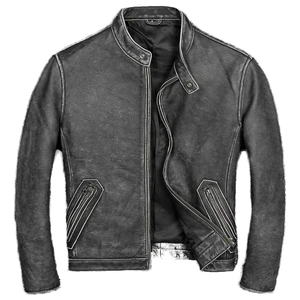Custom Mens Distressed Black Cowhide Leather Cafe Racer <b>Jacket</b> Slim Fit Biker Moto Outerwear Vintage Disting Supplier Wholesale - Product Image 1