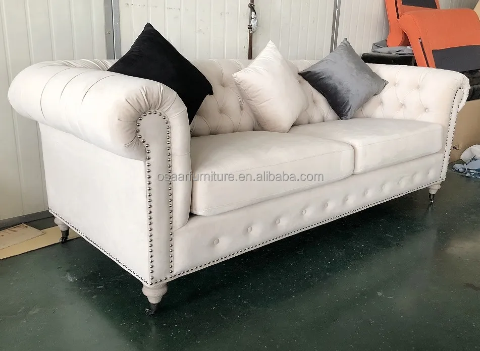 Ensemble de meubles de luxe style nordique classique pour salon Chesterfield en velours blanc