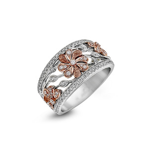 Anello da Donna Bicolore Traforato con Motivi Floreali, Stile Pavé Scintillante con Pietre, Gioiello da Dito alla Moda - Product Image 2