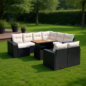 Ensemble de canapés de jardin avec accoudoirs réglables, en rotin PE noir, 6 places, mobilier d'extérieur, design contemporain - Product Image 2