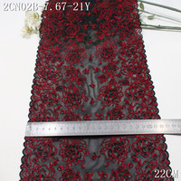 Vente en gros de dentelle extensible noire de 22 cm avec des fleurs rouges, tissu en maille élastique écologique pour sous-vêtements et lingerie féminine