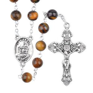 호랑이 눈 8mm 비즈 세인트 Charbel 종교 천연 돌 크로스 목걸이 가톨릭 버진 메리 스테인레스 스틸 묵주 상자 - Product Image 3