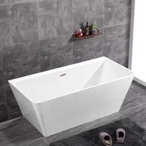 Vasca da bagno rettangolare separata a bagno con scarico centrale a superficie solida lucida bianca per adulti in acrilico freestanding