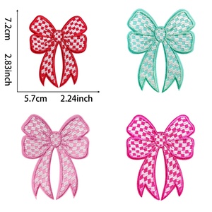 Applique brodée en forme de nœud à motif damier rouge et rose, ruban à carreaux, badges nœud papillon pour vêtements de fille, cardigan, robe, DIY - Product Image 1