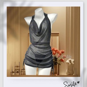 Silver <b>Glitter</b> <b>Mesh</b> Halter Bodycon <b>Dress</b> Sheer Layer Translucent Club <b>Dress</b> Adult Size Natural Waistline - Product Image 2