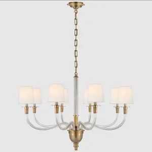 Modern American Brass Fabric Shades Lighting Fixture Ceiling Pendant Lamp Luxury Vintage Crystal Glass Copper Chandelier