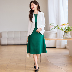 Women's Two Piece Suit Set Blazer And Dress Solid Color Polyester Satin Anti Wrinkle Spring Autumn Wear - Product Image 1