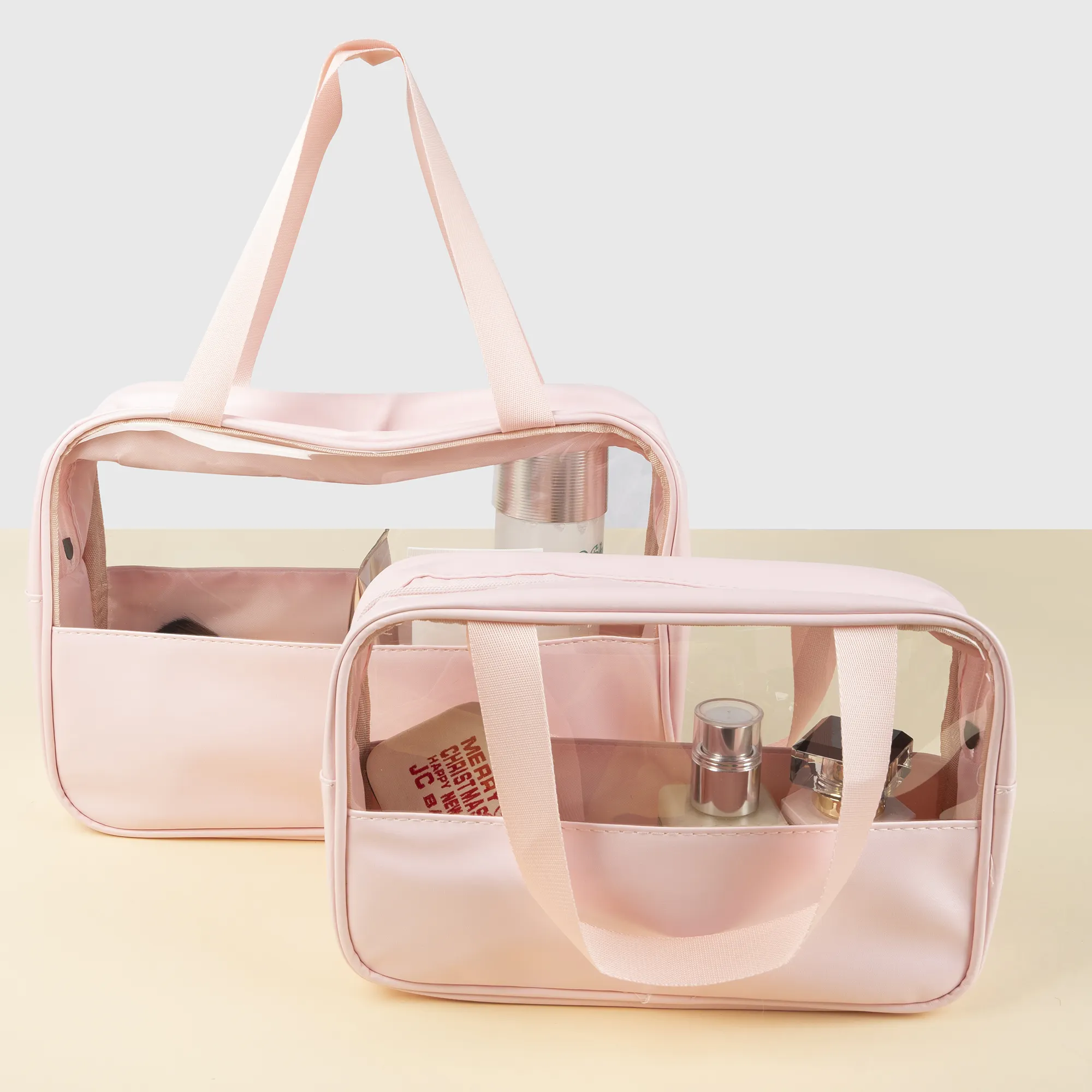 Borsa cosmetica rosa con Logo personalizzato stampata alla moda borsa per il trucco impermeabile in PVC smerigliato