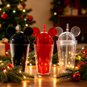 Wholesale <strong>Mickey</strong> 16oz <strong>Mouse</strong> Ears Shaped Mug Double Wall Clear Acrylic Tumbler Coffee Cup Ear Plastic Tumbler with Straw and Lid - Product Image 2