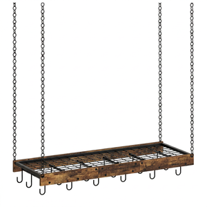 Rustic Wood Hanging Pot Rack with Metal Grid and 12 <b>Hooks</b> for Kitchen Storage, Ceiling Mounted Cookware Organizer - Product Image 1