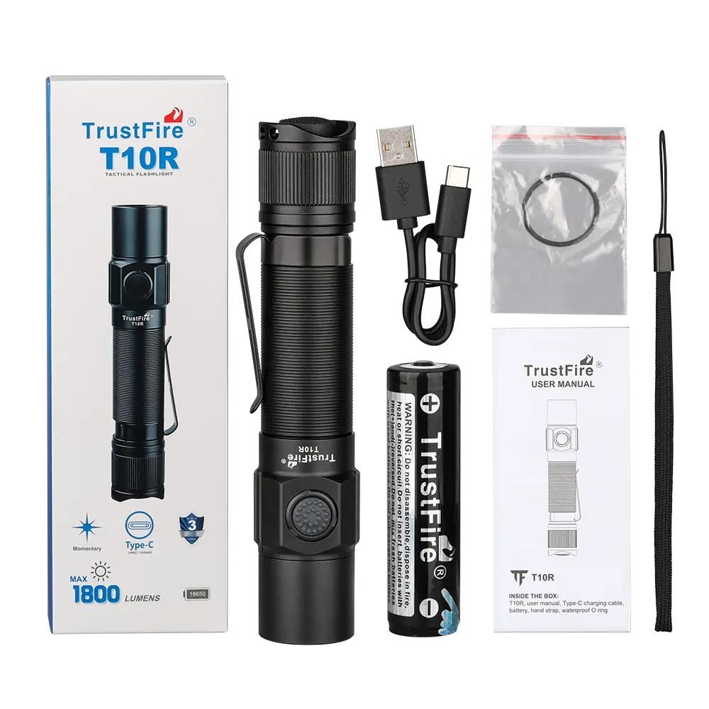 كشاف يدوي فائق السطوع Trustfire T10R LED للتخييم 1800LM 18650 كشاف يدوي تكتيكي مزود بمنفذ USB