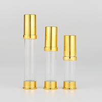 Flacon pompe sans air transparent en PET avec bouchon doré, imprimé sérigraphié, 5ml, 10ml, 15ml en stock, pour emballage de soins de la peau