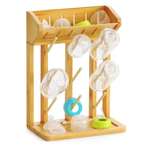 OWNSWING rak pengering botol bayi bambu, aksesori penyimpanan rak pengering botol Organizer tempat botol dapur