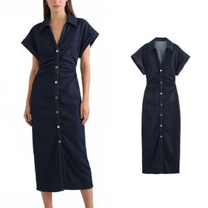 Vestido vaquero vintage europeo americano de manga corta con cintura alta y control de cintura, plisado, novedad al por mayor - Product Image 1