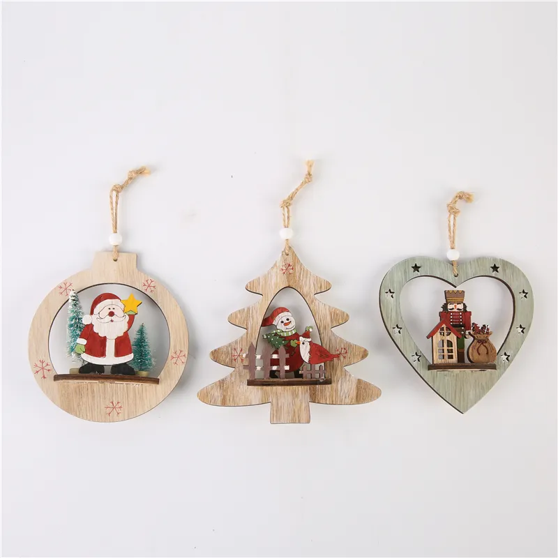 Kleine Houten Sneeuwpop Boom Ornamenten Kerstboom Vorm Kerstman Claus Opknoping Decoraties