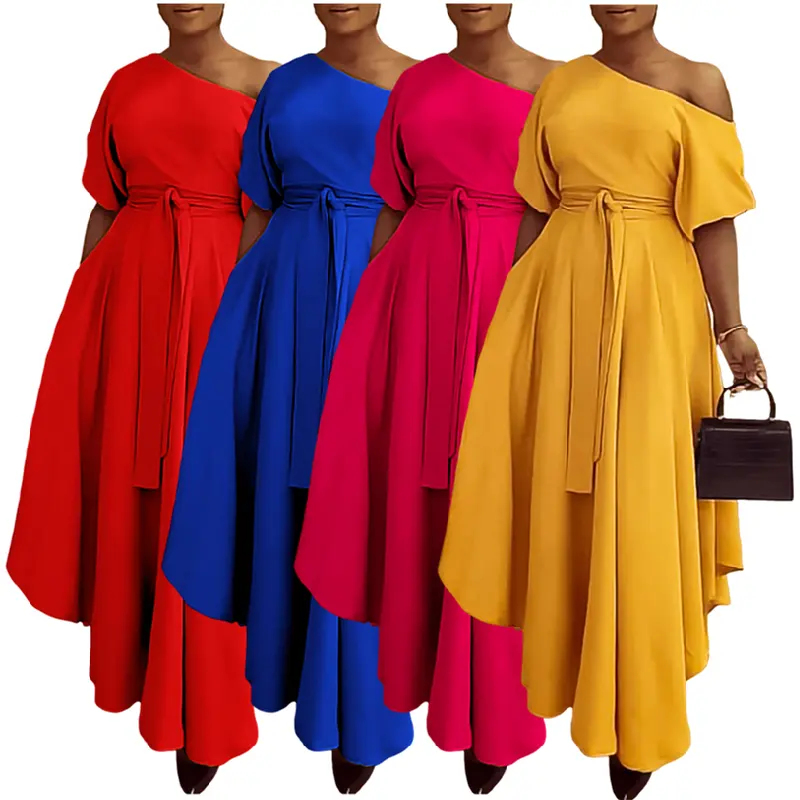 D3256 Latest Design Long Dresses Women Casual One Shoulder Oblique Neck Lace Up A-Line Ruched Elegant Dresses For Ladies