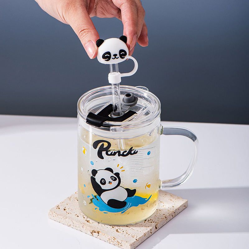 Cartoon OEM Printing Home Creative Panda Children Water Cup Milk Clear Glass Cups Mug With Handle Straw and Lid