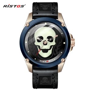 Montres RISTOS 9443, nouveau style, crâne, mode, lumineuses, étanches 3 ATM, bracelet en maille, bracelet en cuir, montres pour hommes - Product Image 1