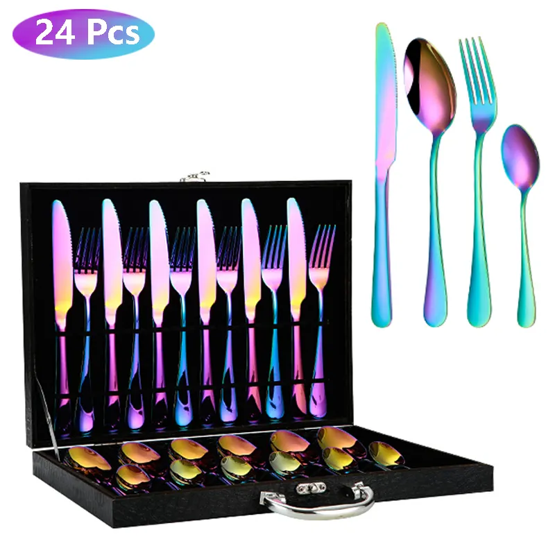 18/0 410 stainless steel cutlery 24 pieces of color tableware set gift box silverware set wooden case can be customized logo