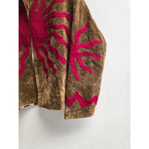 Veste zippée en daim marron pour femme, broderie soleil rouge, style Y2K, col montant, doublure en coton réversible - Product Image 4