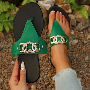 Nouvelles pantoufles plates pour femmes 2025, grande taille 36-43, avec boucle métallique décorative et motif chevrons - Product Image 2