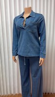 Costume en jean pour femme haut à manches longues et pantalon à jambes larges ensemble deux pièces